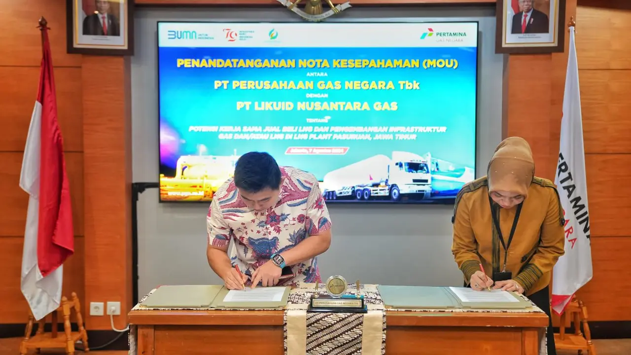 Penandatanganan Memorandum of Understanding (MoU) antara PT PGN Tbk dengan PT Likuid Nusantara Gas (PT LNG). (Dok Pertamina)