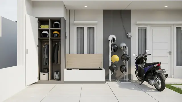 Model Teras Rumah Modern dengan Rak Helm & Parkir Motor Tertata/ Ilustrasi AI