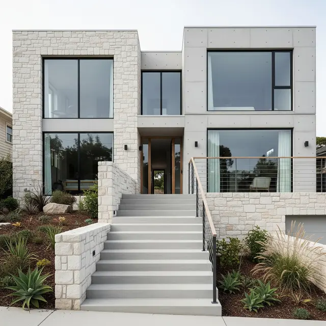 Model Rumah Minimalis dengan Tangga Depan Batu Alam (Image by Gemini AI)