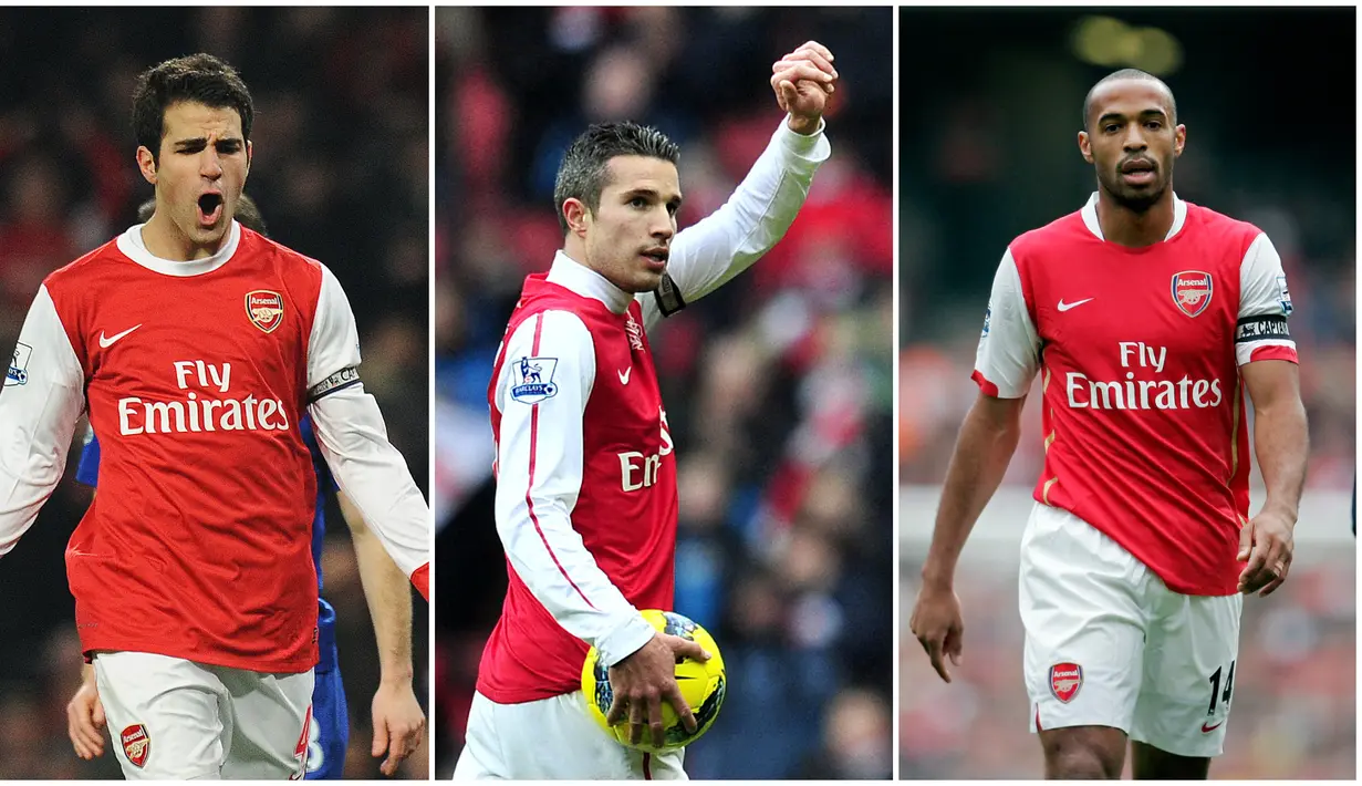 Foto kolase pemain Arsenal, Cesc Fabregas (kiri), Robin Van Persie (tengah), dan Thierry Henry saat ditugaskan menjadi kapten. (AFP)