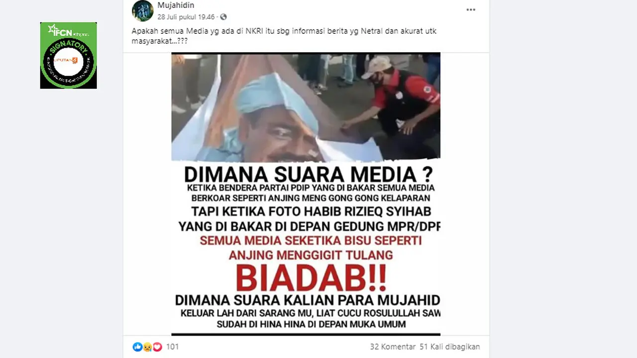 klaim tidak ada media yang memberitakan tentang pembakaran foto Habib Rizieq Shihab di depan Gedung DPR