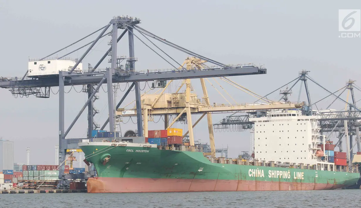 Suasana aktivitas bongkar muat barang ekspor impor di Pelabuhan Tanjung Priok, Jakarta, Senin (17/7). Badan Pusat Statistik (BPS) melaporkan kinerja ekspor dan impor Indonesia mengalami susut signifikan di Juni 2017. (Liputan6.com/Angga Yuniar)