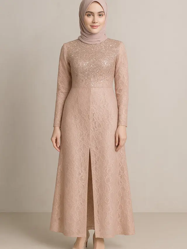 Model Gamis Brokat Belah Tengah Kombinasi Payet