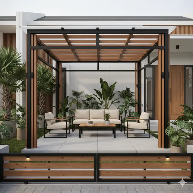 Teras Rumah 6x9 dengan Gazebo Kayu dan Tanaman Tropis (Foto: Gemini AI)