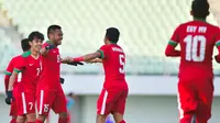 Winger Timnas U-19 Saddil Ramdani merayakan golnya ke gawang Brunei Darussalam, Selasa (31/10/2017). Timnas Indoensia menang 5-0. (AFP / KIM DOO-HO)