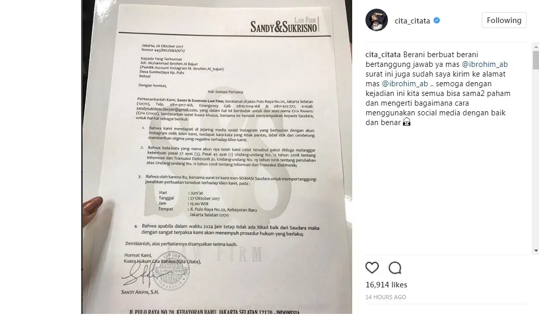 Cita Citata layangkan surat somasi pada hatersnya (Foto: Instagram)