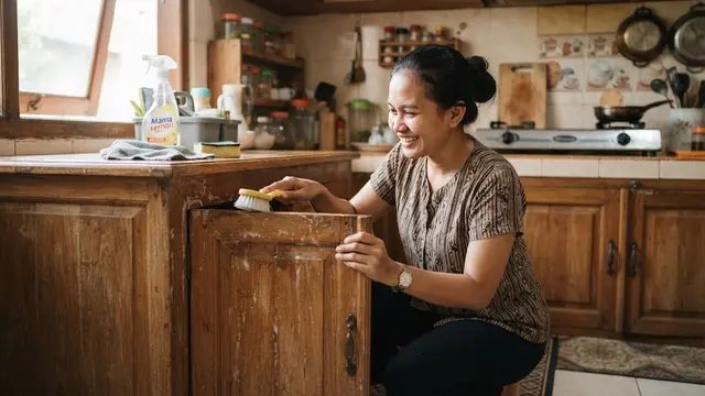Membersihkan sudut kabinet kayu dengan sikat lembut