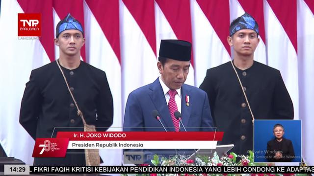 Presiden Joko Widodo  (Jokowi) pada Penyampaian Keterangan Pemerintah Atas RUU APBN Tahun Anggaran 2024 beserta Nota Keuangan. (Photo dok. Youtube DPR RI)