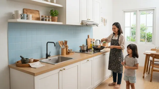 Warna backsplash yang cocok untuk dapur Scandinavian hadirkan suasana baru saat memasak model biru muda
