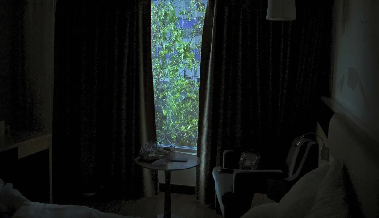 Sebuah pohon terlihat dari jendela kamar hotel tempat fotografer Associated Press Rafiq Maqbool menjalani karantina di Mumbai, India, 23 April 2020. Pohon dengan daun-daunnya yang hijau merupakan berkah bagi Maqbool, sementara kehadiran burung-burung membuatnya nyaman. (AP Photo/Rafiq Maqbool)