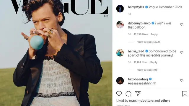 Unggahan Harry Styles tentang cover majalah Vogue. (Instagram/ harrystyles untuk @ voguemagazine)