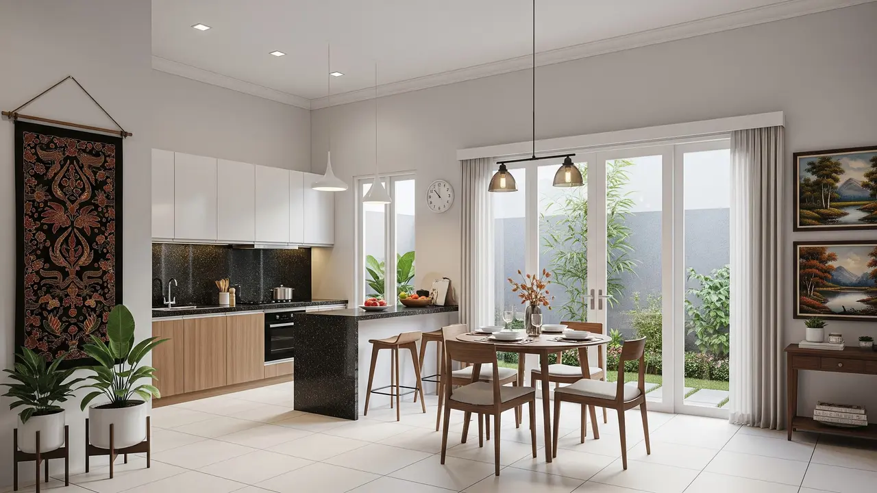 Desain Dapur dan Ruang Makan Menyatu di Rumah Tipe 45