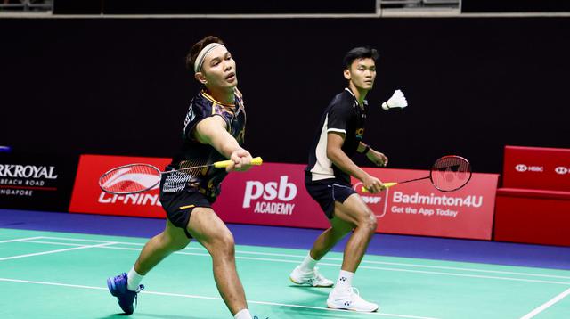 Pasangan ganda putra Fajar Alfian/Muhammad Shohibul Fikri (Fajar/Fikri) saat beraksi di Singapore Open 2026. (Dok. PBSI)