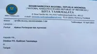 Badan Narkotika Nasional (BNN) Kota Tasikmalaya membenarkan pihaknya meminta bantuan THR atau paket Lebaran kepada perusahaan melalui selebaran menggunakan kop surat BNN Tasikmalaya. (Liputan6.com/ Dok Ist)