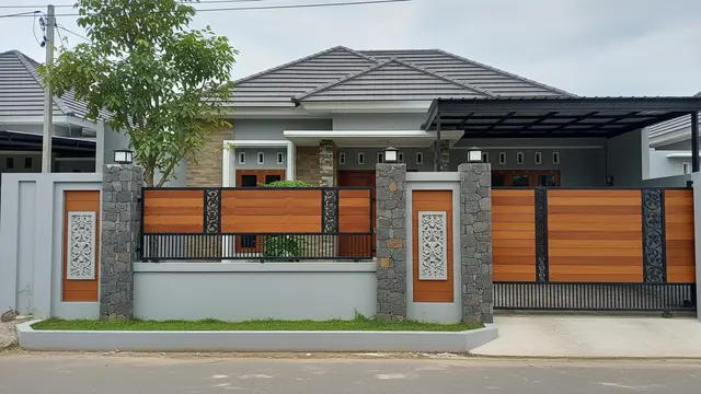 Desain Pagar Besi Kombinasi Kayu dan Batu Alam/ Ilustrasi AI