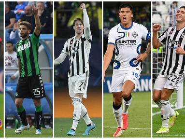 Foto kolase dari pemain top Serie A Liga Italia (ki-ka), Tiemoue Bakayoko, Domenico Berardi, Dusan Vlahovic, Joaquin Correa, dan Federico Chiesa saat memakai nomor punggung lama mereka. (Foto-foto: AFP)