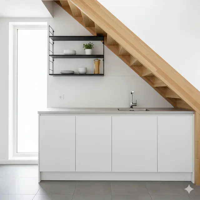 Dapur Bawah Tangga dengan Rak Besi dan Pencahayaan Natural 2025. Gemini