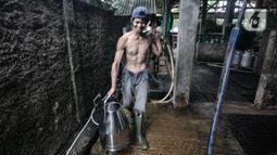 Pekerja membawa peralatan yang digunakan untuk memerah sapi di peternakan Mahesa Perkasa, Depok, Jawa Barat, Minggu (28/3/2021). Dalam sehari, peternakan Mahesa Perkasa mampu memproduksi 1.000 liter susu sapi yang diperah selama dua kali. (merdeka.com/Iqbal S. Nugroho)