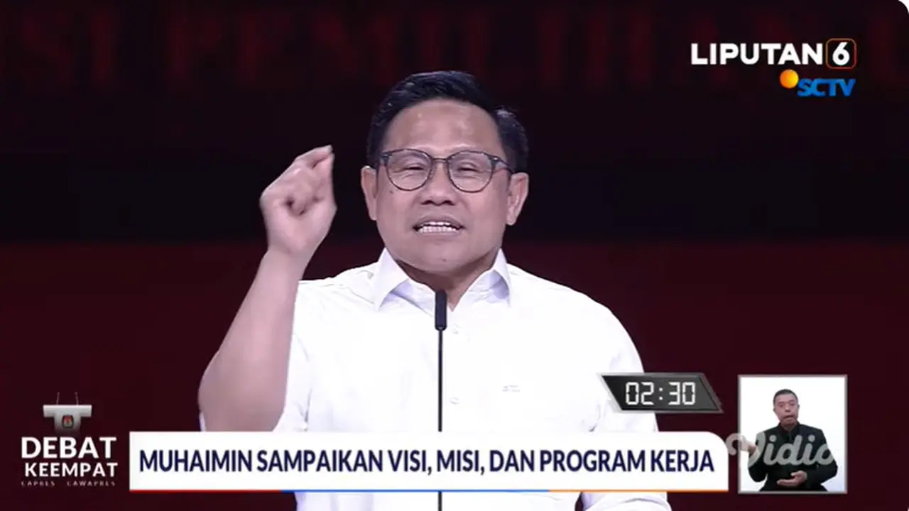 Calon Wakil Presiden (Cawapres) Muhaimin Iskandar pada Debat Cawapres kedua di JCC, Jakarta, Minggu (21/1/2024).