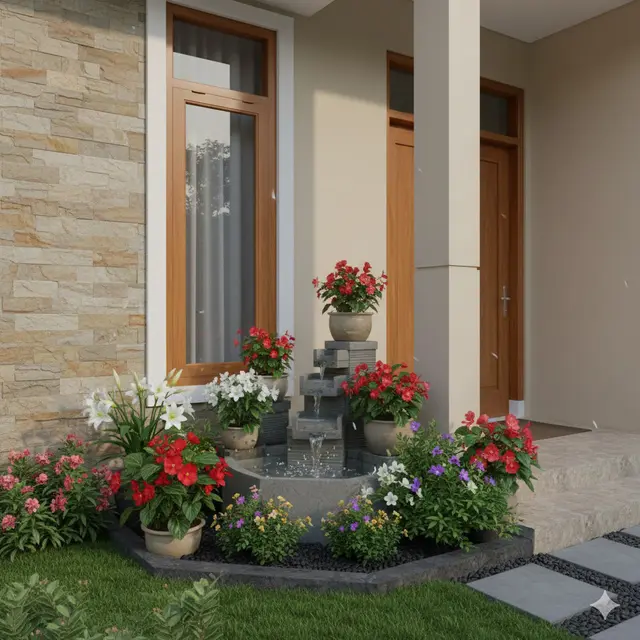 Sudut Bunga dengan Ornamen Air Mancur (Gemini AI)