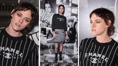 Foto kolase Kristen Stewart berpose saat tiba menghadiri koleksi busana Chanel Spring/Summer 2023 selama Paris Fashion Week di Paris pada Selasa, 4 Oktober 2022. (Photo by Vianney Le Caer/Invision/AP)