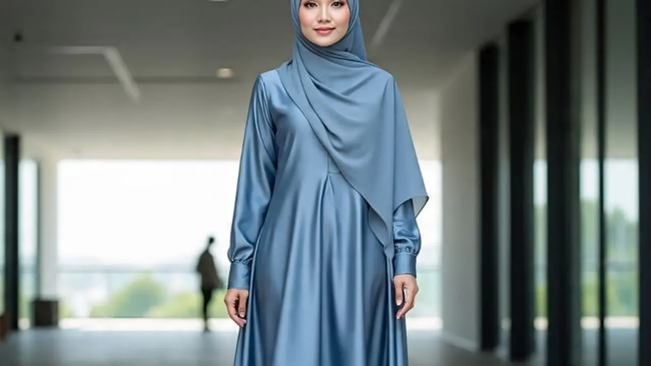 Ilustrasi Model Dress Panjang Longgar Kombinasi Satin (Sumber Gambar: Meta AI)