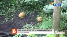 Truk bermuatan pasir terperosok dalam jurang setelah terlibat kecelakaan beruntun di Jalan Raya Provinsi, Desa Wonoayu, Kecamatan Ranuyoso, Lumajang, Jawa Timur, Rabu (17/6). Kecelakaan beruntun itu bermula saat minibus, Xenia berwarna putih melaju k...