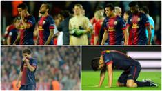 Barcelona pernah merasakan kelahan telak hingga 7 gol tanpa balas oleh Bayern Munchen saat berlaga di kompetisi Liga Champions. Berikut momen pembantaian 7-0 Bayern Munchen atas Barcelona di Liga Champions 2012/13. (kolase foto AFP)