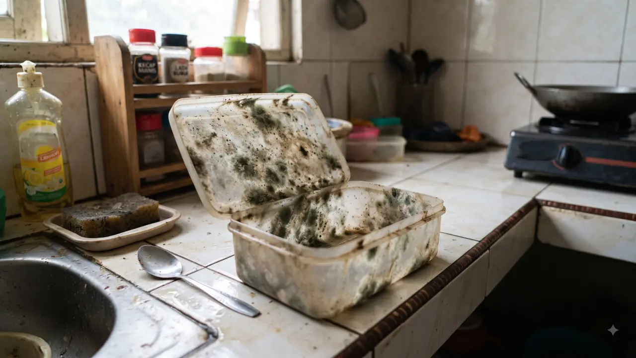 Membersihkan Tempat Makan yang Berjamur