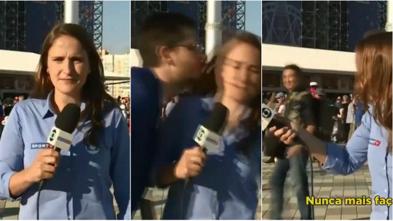 Seorang penonton Piala Dunia 2018 tiba-tiba menghampiri seorang reporter wanita asal Brasil dan mencoba menciumnya.