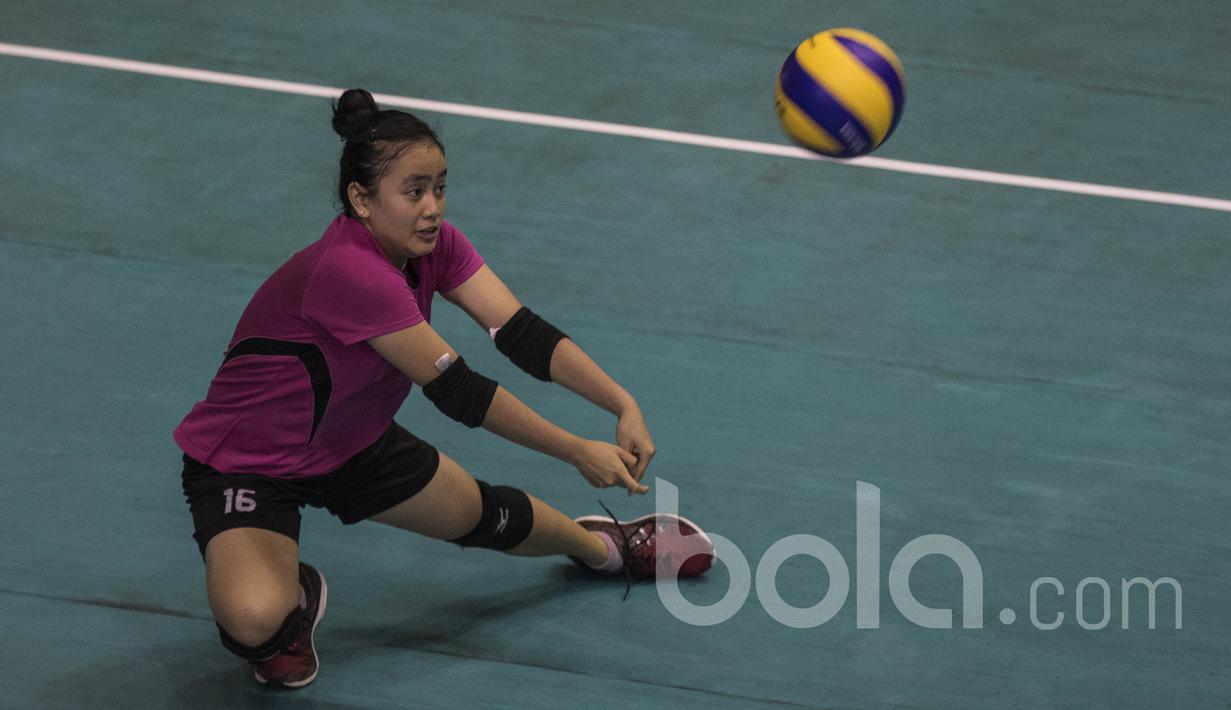 Pevoli Indonesia, Wahida Muntaza, bersiap memukul bola saat mengikuti pemusatan latihan nasional jelang SEA Games di Padepokan Voli Sentul, Bogor, Rabu (17/5/2017). (Bola.com/Vitalis Yogi Trisna)