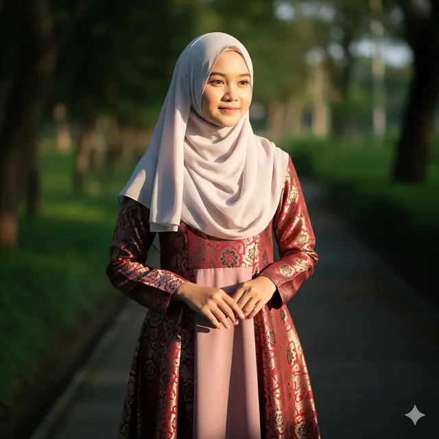 Gamis Brokat A-Line dengan Kombinasi Polos