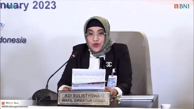 Wakil Direktur Utama BNI Adi Sulistyowati saat paparan publik kinerja keuangan 2022 PT Bank Negara Indonesia Tbk (BBNI), Selasa (24/1/2023) (Foto: tangkapan layar/Pipit I.R)
