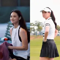 Gemar berolahraga tenis, Gege mengenakan atasan polo shirt hitam yang serasi dengan mini skirtnya. [Credit: @gegeelisa94].