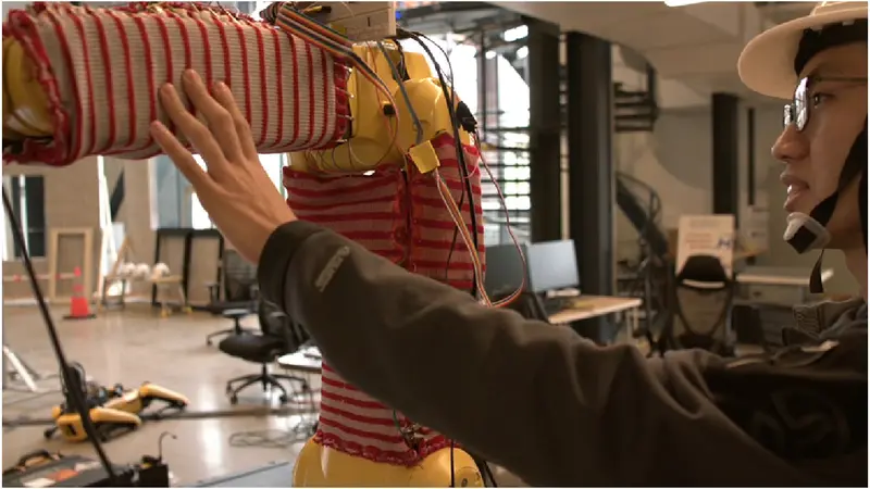 Sekelompok tim ilmuwan dari Carnegie Mellon University telah mengembangkan cara baru untuk membuat robot lebih aman, yakni sebuah "kulit" rajutan yang disebut RobotSweater.Kredit: Carnegie Mellon University