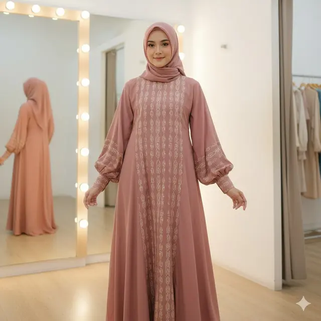 Gamis Warna Dusty Pink dengan Batik Lereng Minimalis
