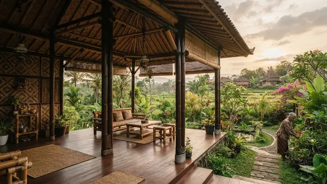 Model rumah bambu yang sederhana tapi bikin betah yang hadirkan nuansa perdesaan desain terbuka dengan konsep pendopo
