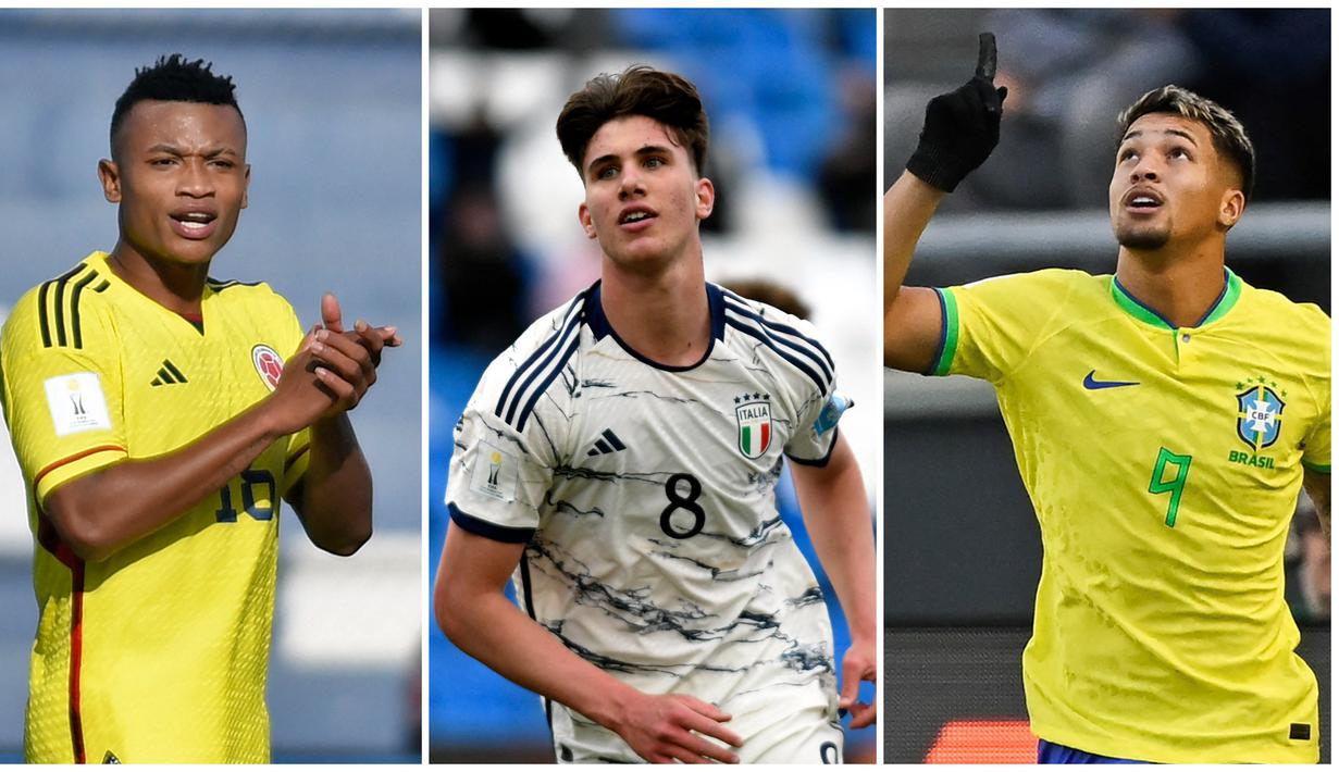 Foto kolase dari pemain Timnas Kolumbia U-20, Cesare Cortes (kiri), pemain Timnas Italia U-20, Cesare Casedei (tengah), dan pemain Timnas Brasil U-20, Marcos Leonardo (kanan) saat berlaga di Piala Dunia U-20 2023 yang berlangsung di Argentina. (AFP)