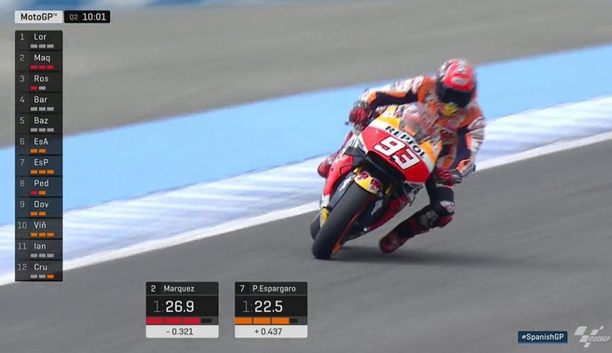 Pebalap Repsol Honda, Marc Marquez, menorehkan waktu 1 menit 38,891 detik dan berada di posisi ketiga pada sesi kualifikasi MotoGP Jerez di Sirkuit Jerez, Spanyol, Sabtu (23/4/2016). (Bola.com/Twitter/MotoGP)