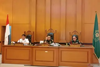 Sidang kasus dugaan penculikan dan pembunuhan kepala cabang (kacab) bank BUMN di Pengadilan Militer II-08 Jakarta. (Antara)