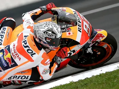 Marc Marquez kuasai latihan bebas MotoGP Malaysia hari pertama yang berlangsung di Sirkuit Sepang, Malaysia, Jumat (28/10/2016). (AFP/Manan Vatsyayana)