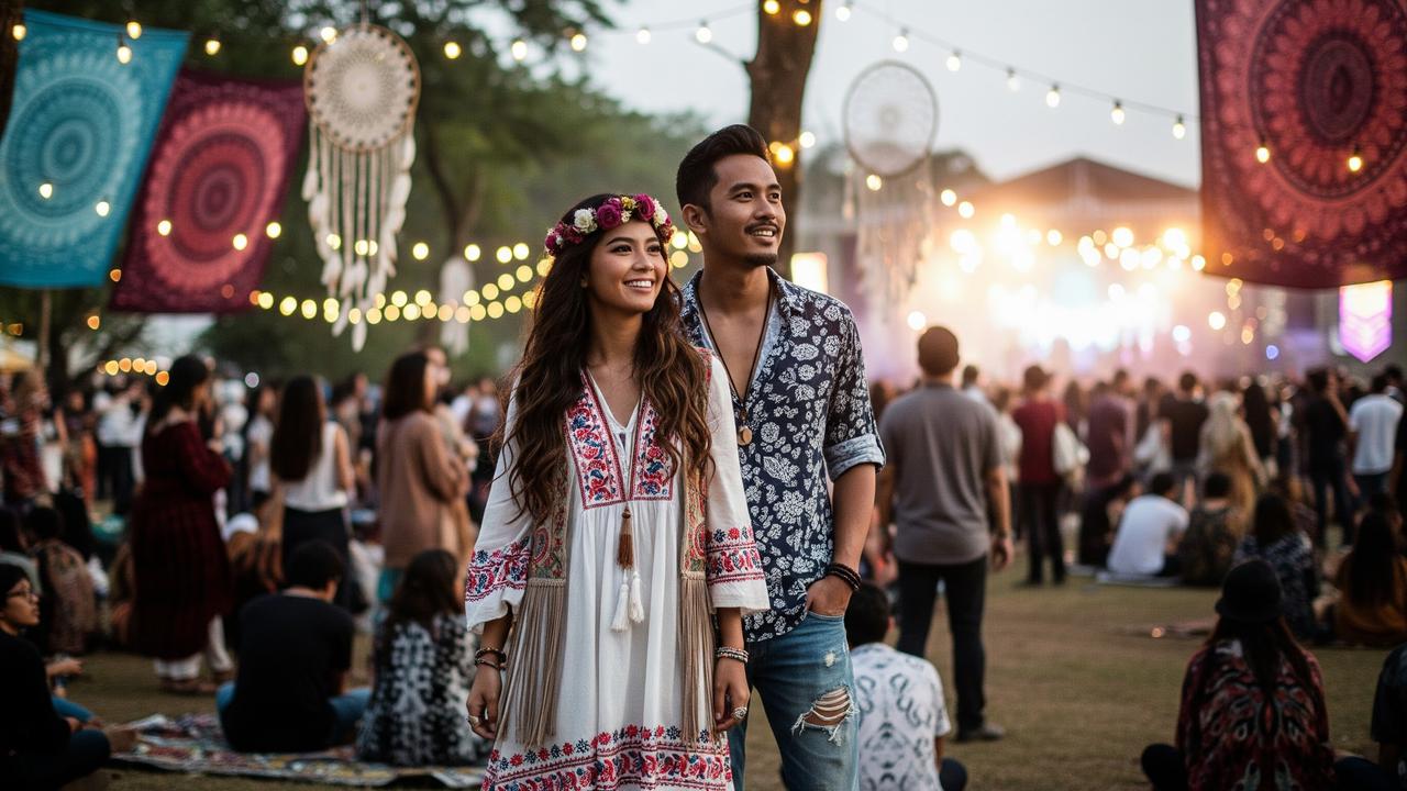 Prompt AI Edit Foto Festival Musik Gaya Boho Outdoor