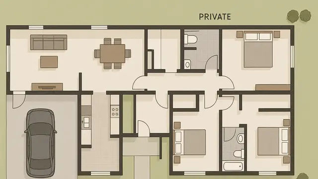 8 Denah Rumah 1 Lantai 3 Kamar Tidur dan Garasi/Ilustrasi Gambar AI