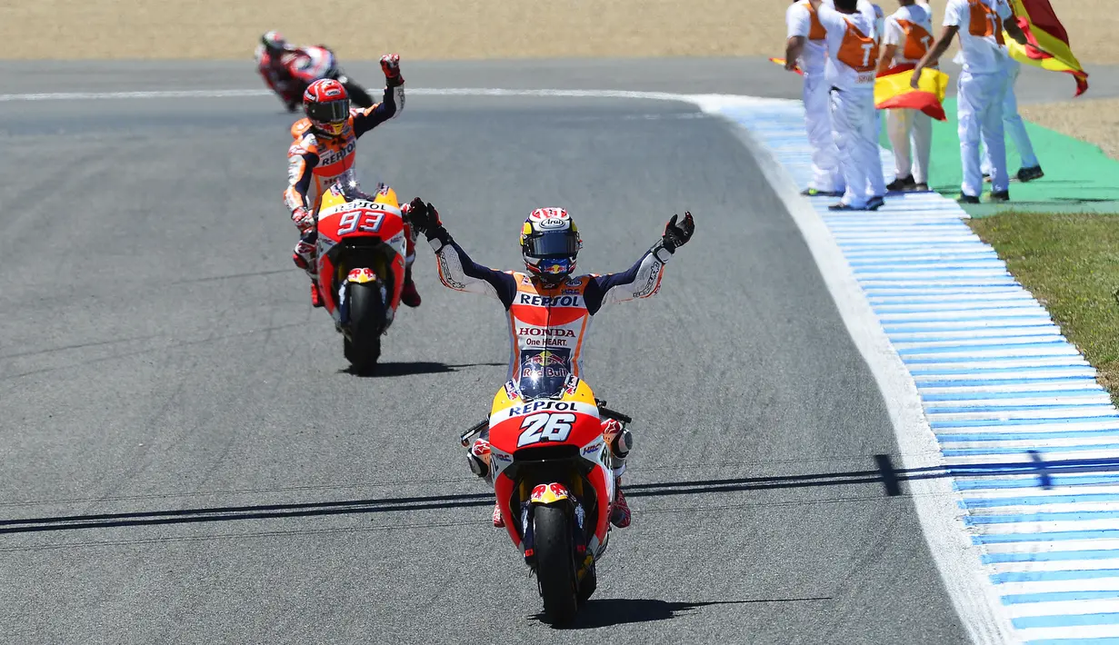 <p>Dani Pedrosa tercatat berhasil menyabet tiga kali kemenangan di MotoGP Jerez, yaitu pada tahun 2008, 2013, dan 2017. The Little Samurai kala itu menjadi bagian dari tim Repsol Honda. (AFP/Cristina Quicler)</p>