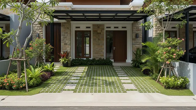Carport dengan Jalur Hijau di Lantai (The Grass Paver Path)