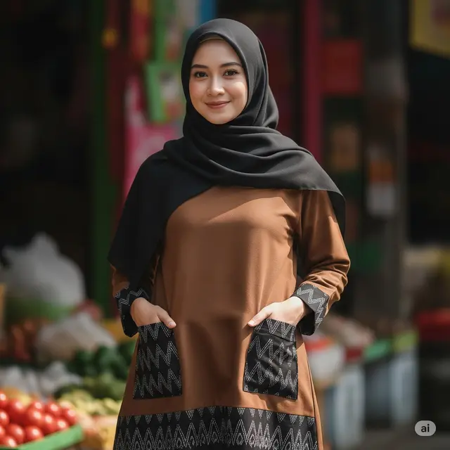 Model Gamis Tenun Kombinasi Polos. Foto: Gemini