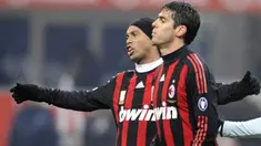 AC Milan's Brazilian forward Ronaldinho and Kaka during their Italian Cup match against Lazio on December 3, 2008 at San Siro Stadium in Milan. Lazio beat AC Milan 2-1 after extra time. AFP PHOTO/DAMIEN MEYER 