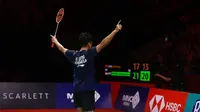 Tunggal putra Indonesia, Anthony Sinisuka Ginting, lolos ke final Indonesia Open 2023 di Istora, Jakarta, Sabtu (17/6/2023). (Bola.com/Muhammad Iqbal Ichsan)