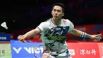 Tunggal putra Indonesia, Jonatan Christie memukul bola balasan ke arah Yudai Okimoto (Jepang) selama pertandingan babak 16 besar Badminton Asia Championships (BAC) 2026 di Ningbo Olympic Sports Centre, provinsi Zhejiang, Tiongkok timur, Kamis (9/4/2026). Tunggal putra Indonesia, Jonatan Christie melangkah ke babak perempat final Badminton Asia Championships (BAC) 2026. (CN-STR/AFP) / China OUT