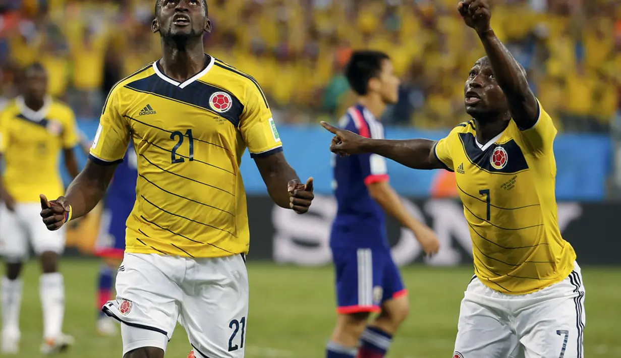 Timnas Kolombia kokoh di puncak klasemen grup C Piala Dunia 2014 usai menumbangkan Jepang 4-1 di Stadion Pantanal, Cuiaba, Brasil, (25/6/2014). (REUTERS/Eric Gaillard)